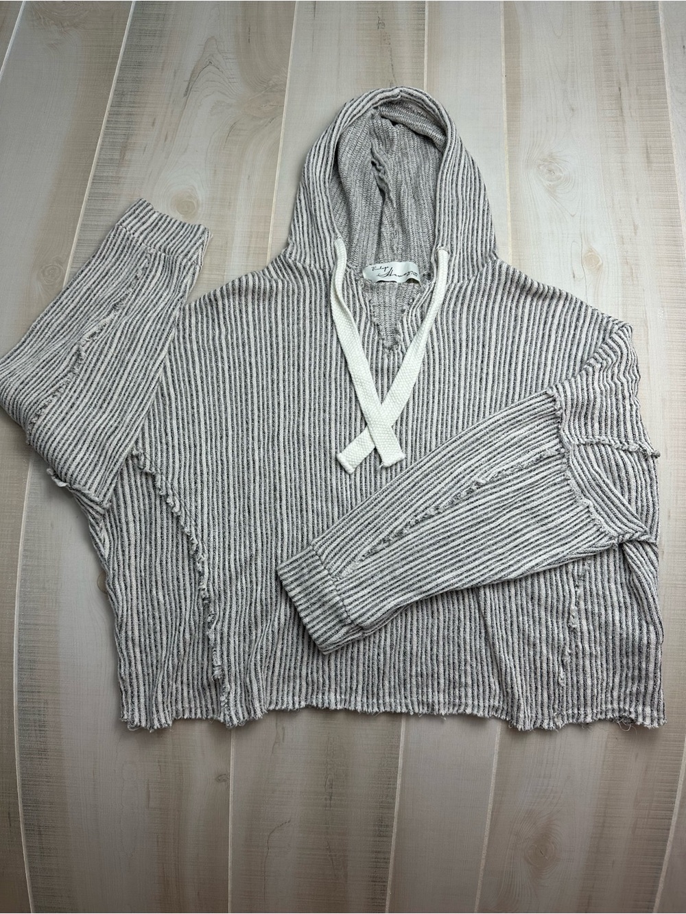 Vintage Havana Oversized Grey Striped Hooded Knit Top